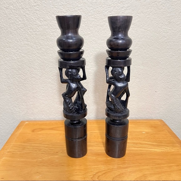 Vintage African Ebony Wood Hand Carved Candles Holder - Picture 1 of 6